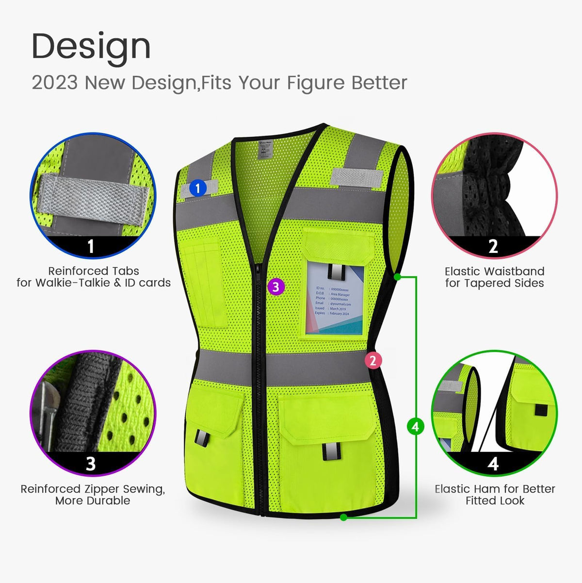 Uno Mejor 11-pocket safety vest close-up, showing organized compartments for tools, IDs, and devices.