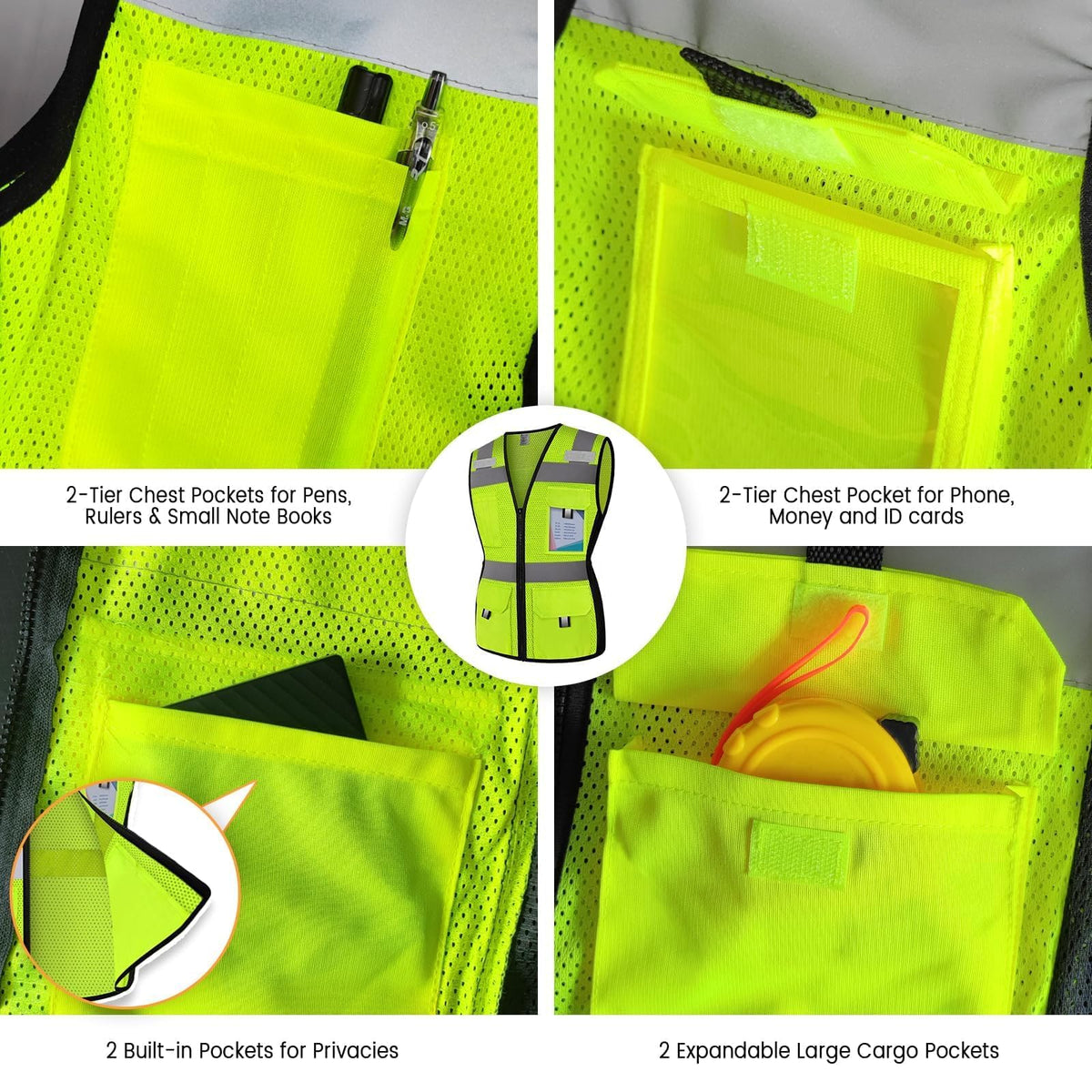 Uno Mejor hi-vis strips neon, detail of durable mesh and stitching for long-lasting safety.