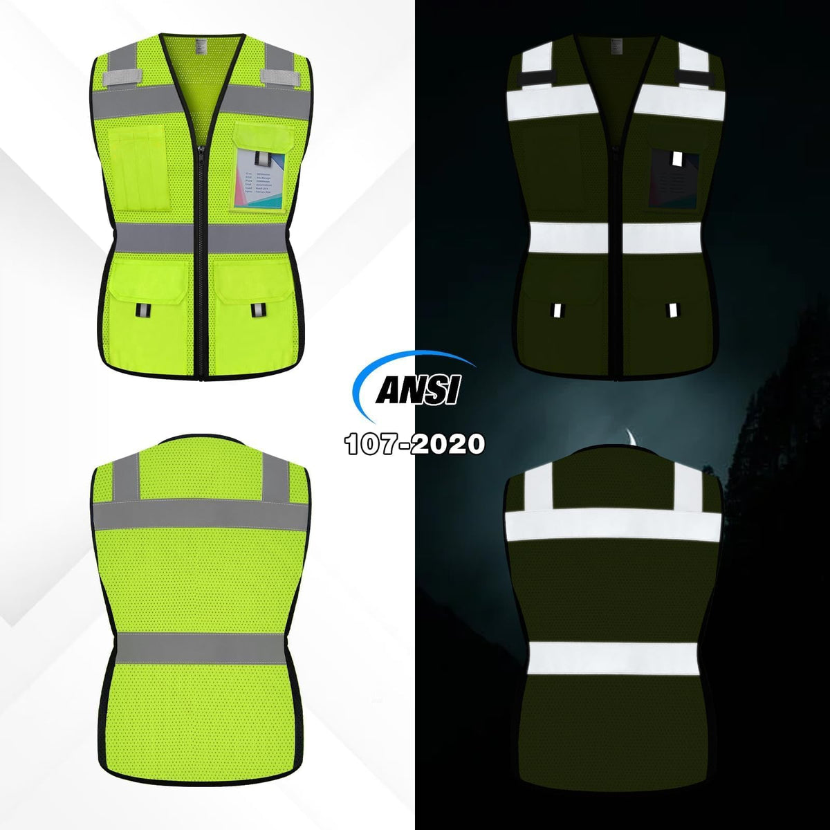 Uno Mejor women's safety vest back with reflective strips for nighttime safety.