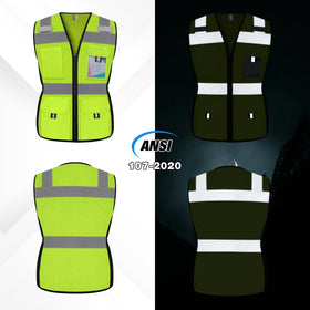 Uno Mejor women's safety vest back with reflective strips for nighttime safety.