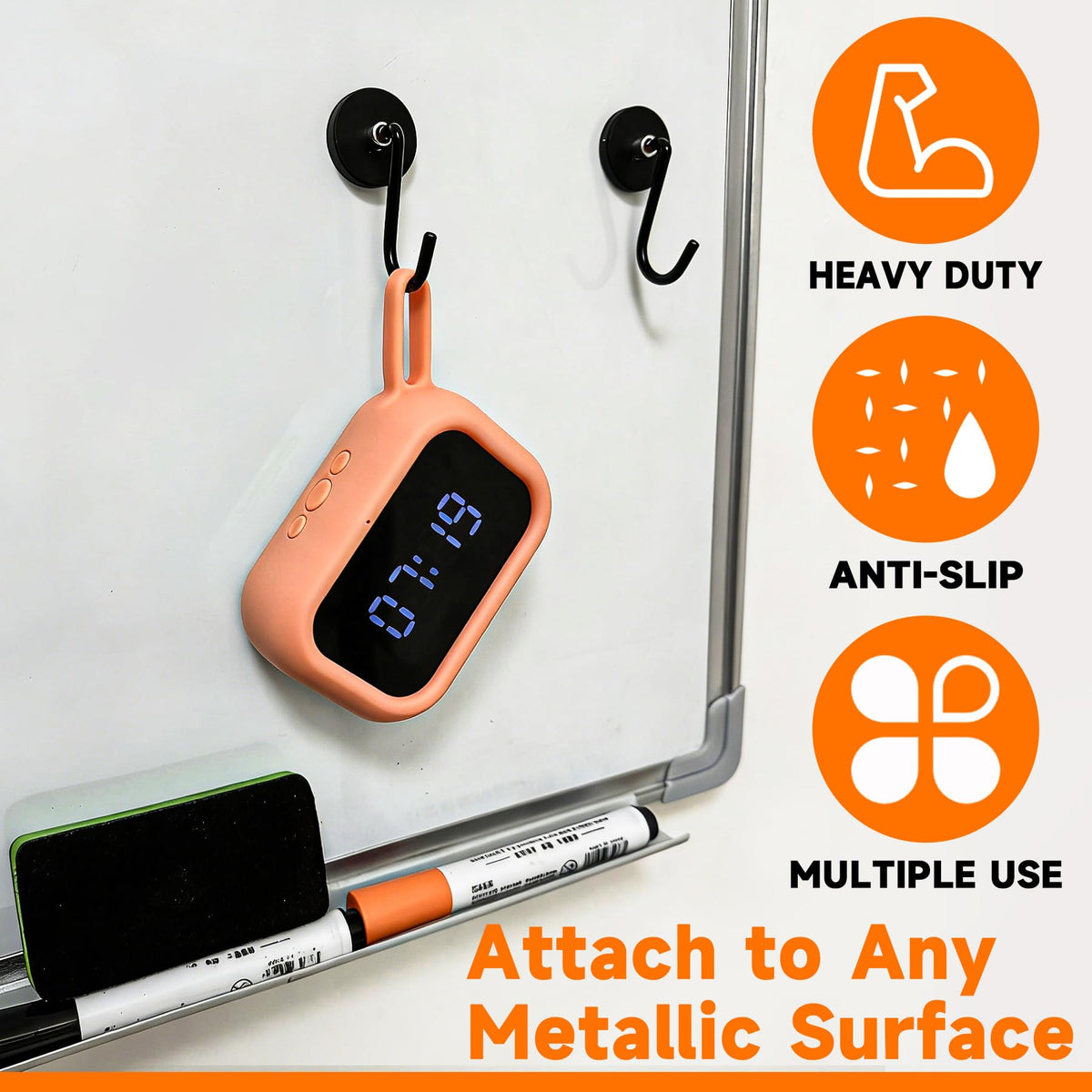 UNUSFIRE magnetic hooks work on fridges and metal surfaces too.