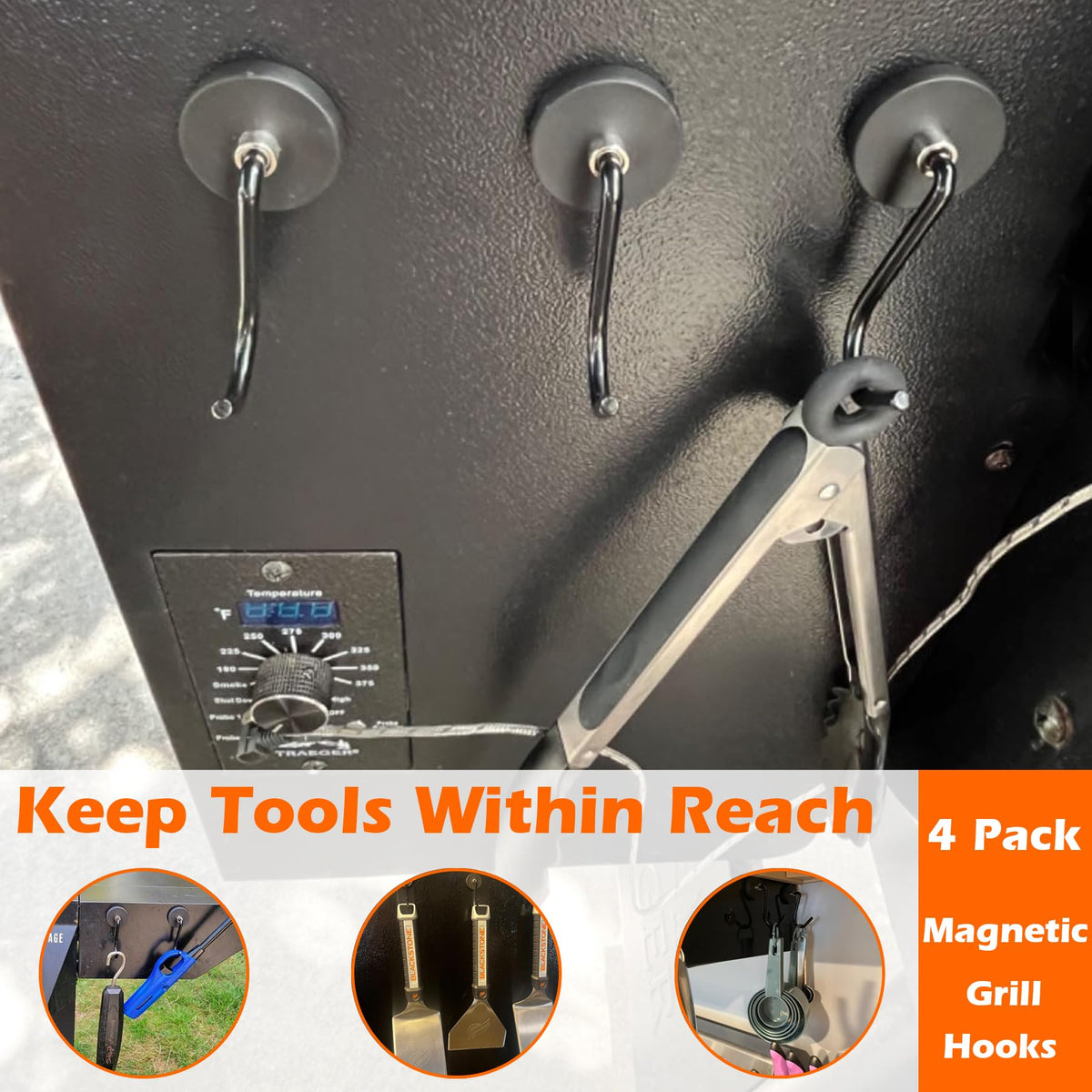 UNUSFIRE smoker hooks with rubber-coated ends protect surfaces while gripping tongs securely.