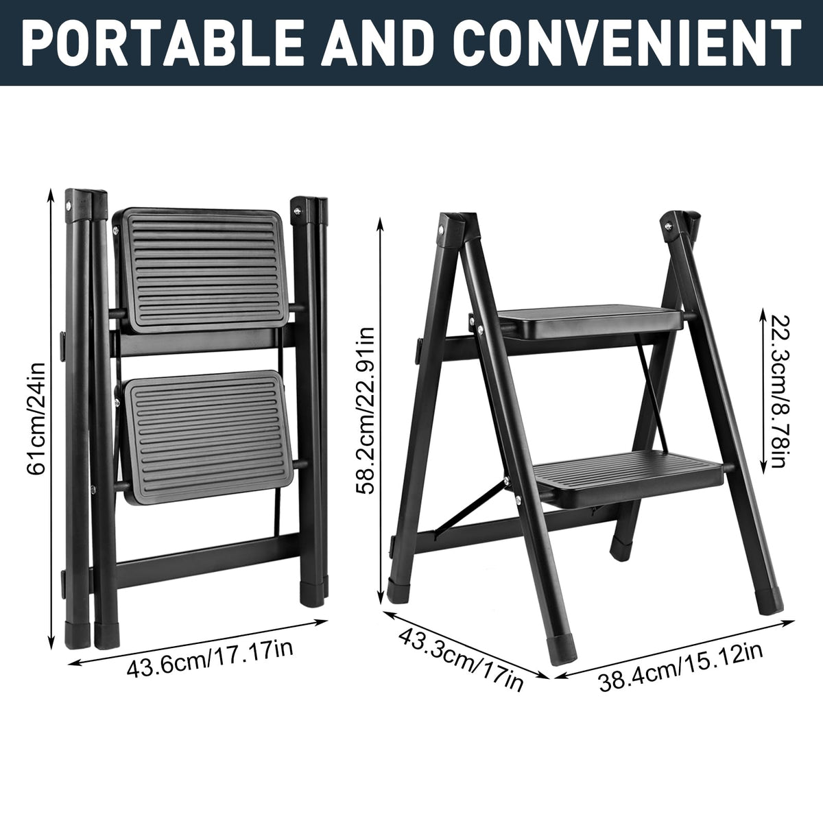 Uoisihur 2-step ladder with anti-slip pedals for secure footing.