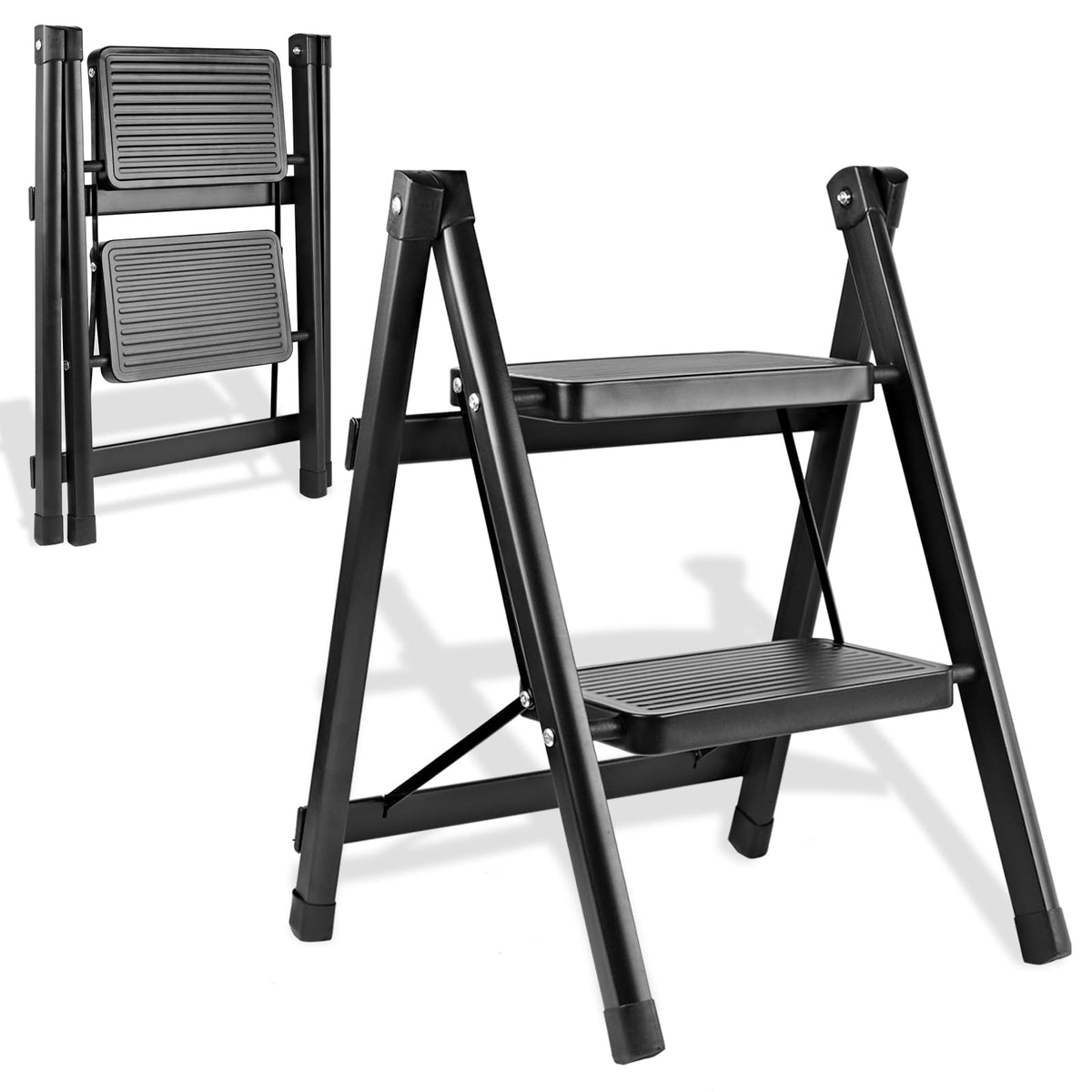 Uoisihur 2-step ladder folded for compact storage and easy transport.
