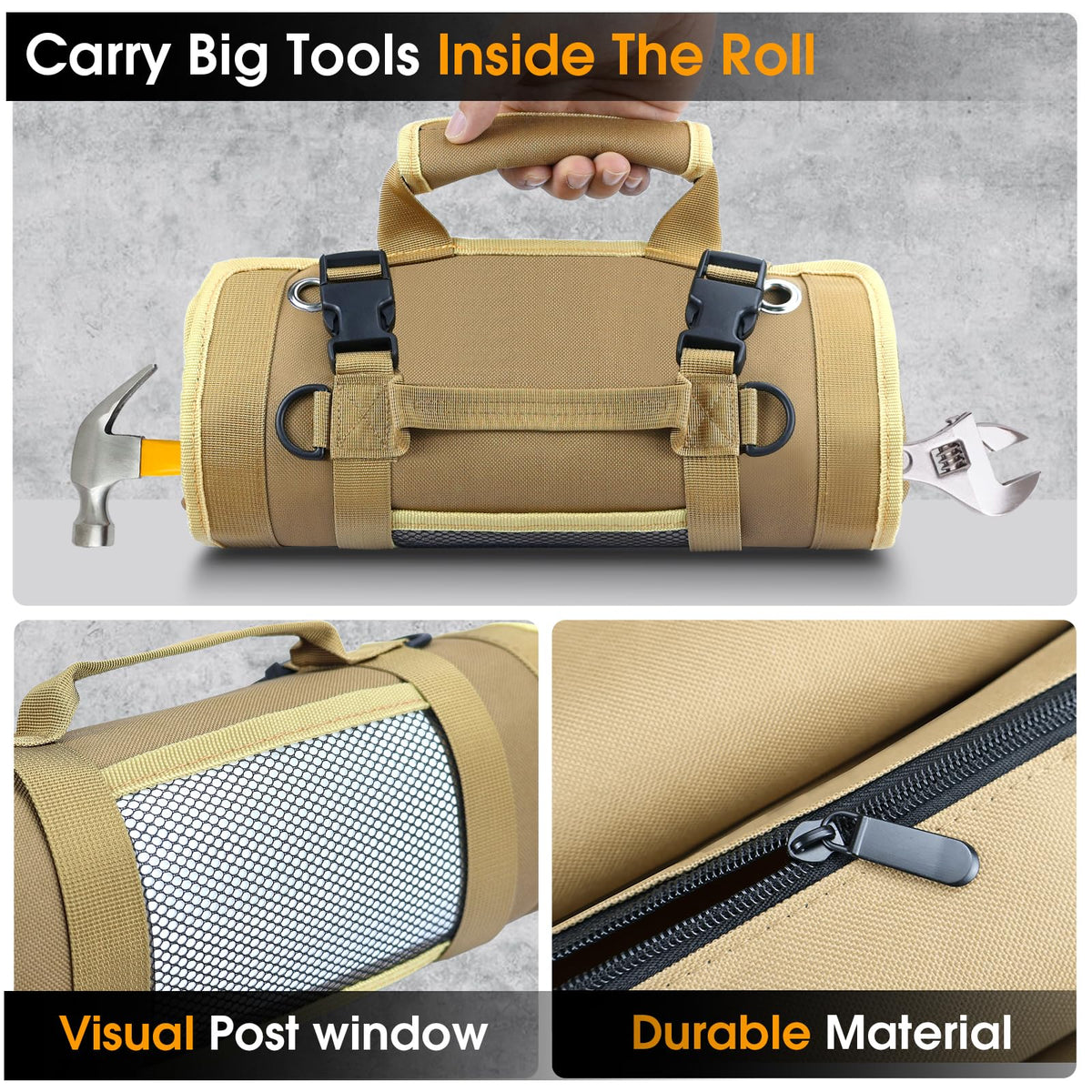 Rugged 1000D Oxford material provides durable tool storage.