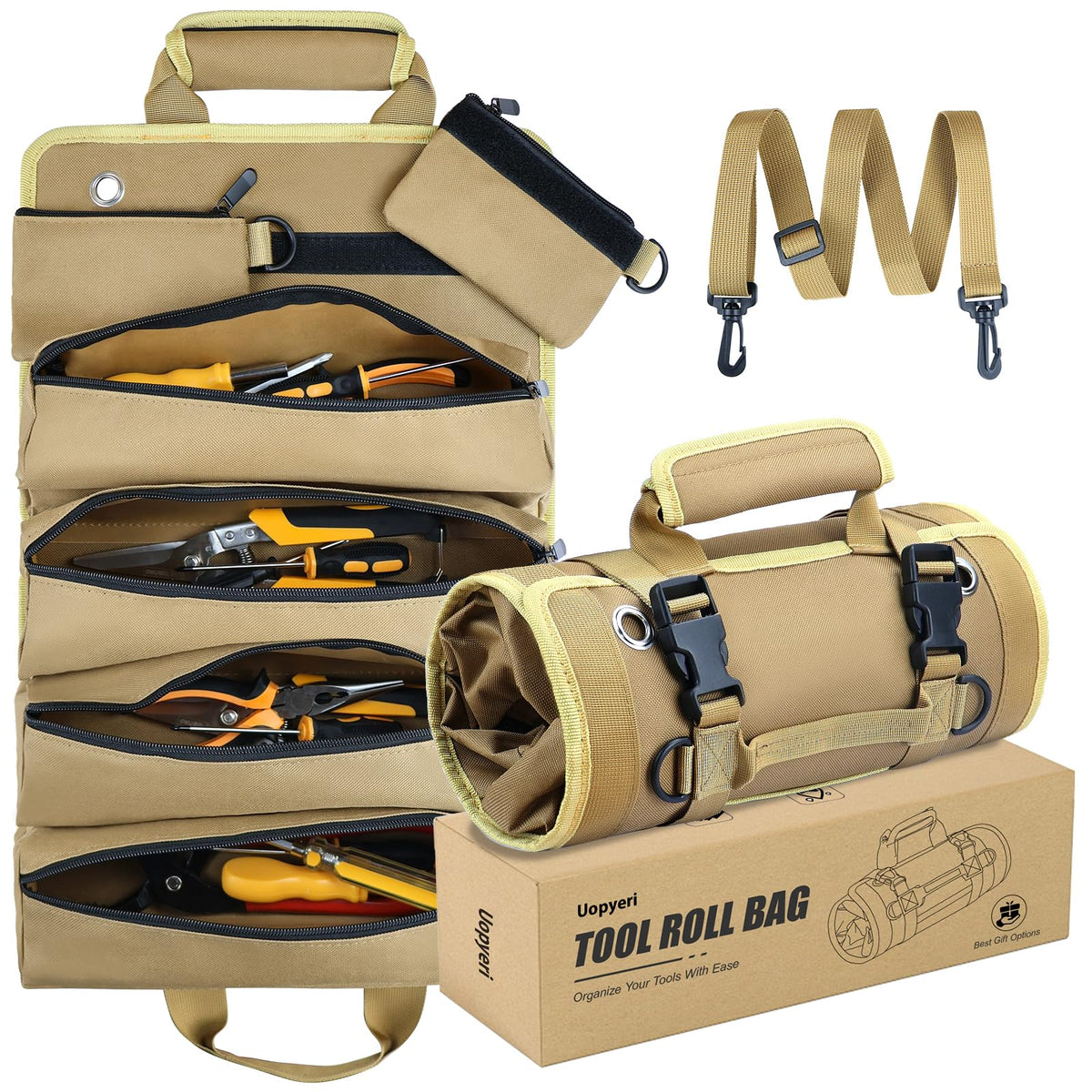 Uopyeri roll-up tool bag, rolled closed for compact storage.