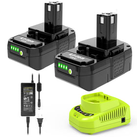 UPJONSIM 2-pack 18V battery front view highlights extended runtime for Ryobi tools.