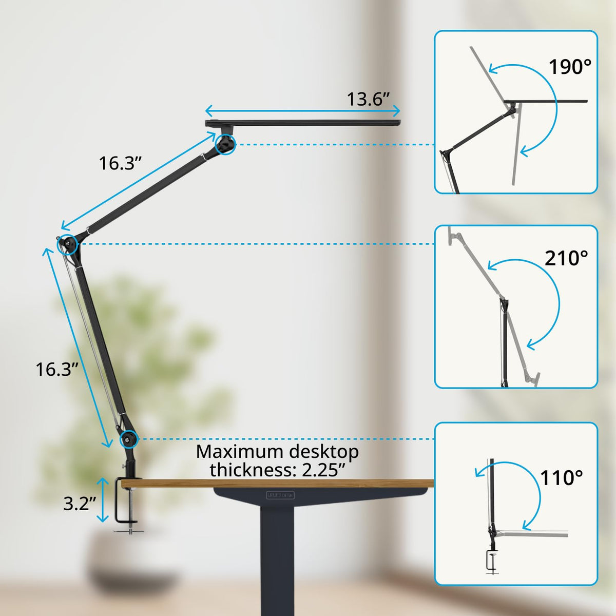 UPLIFT DESK E7 dimmable LED panel reduces glare for extended sessions.