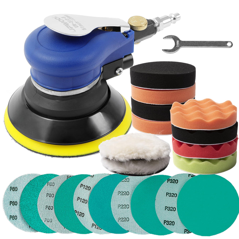 UPWOOD 5 inch air random orbital sander, front view, ideal for auto body work and smoothing tasks