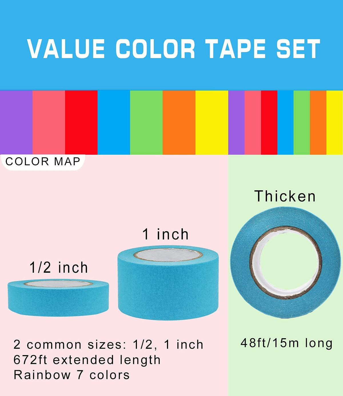 UQRUI colored painter tape rolls in vibrant rainbow hues for crafts.