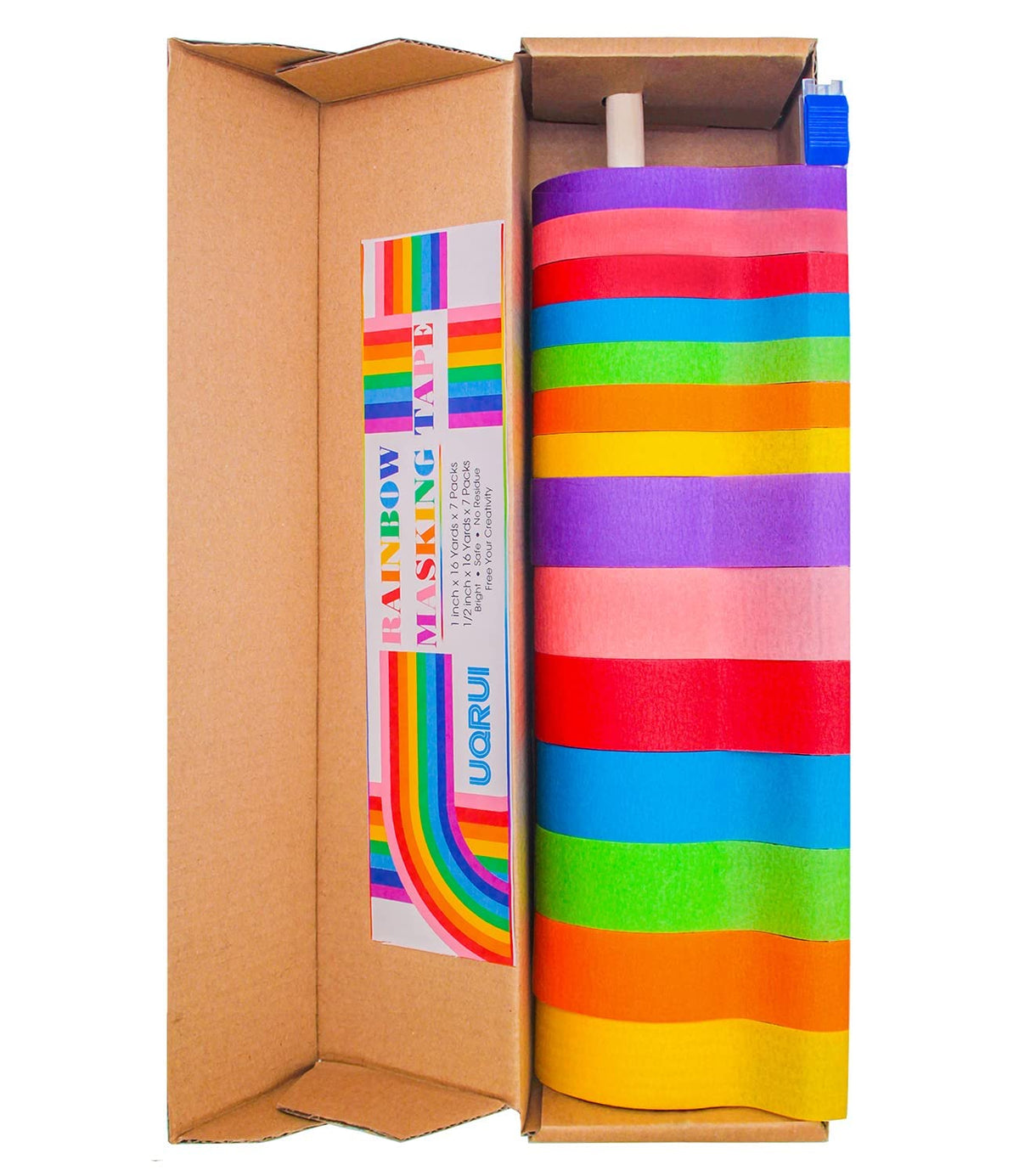 UQRUI rainbow masking tape dispenser closeup, safe for kids crafts.