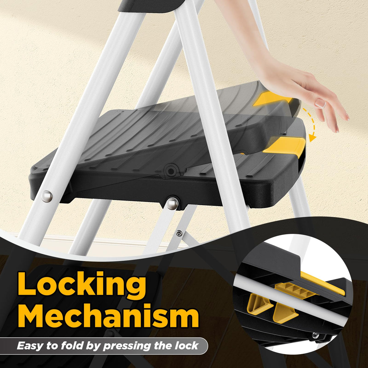 Urackify 3 Step Ladder folded compact for space-saving storage beside fridge