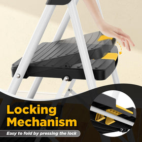 Urackify 3 Step Ladder folded compact for space-saving storage beside fridge