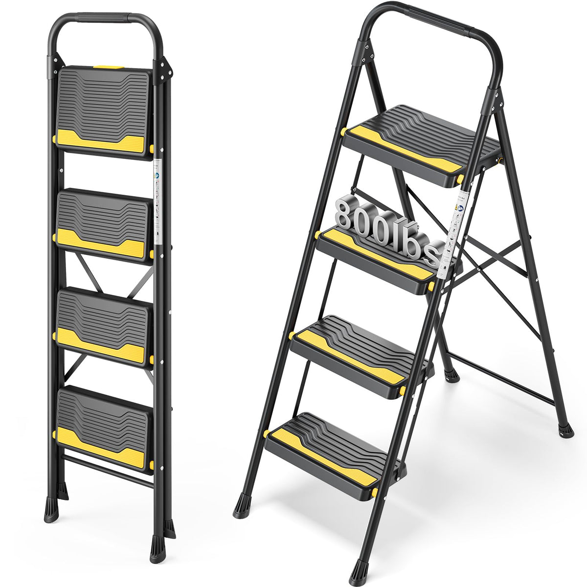 Urackify 4-step ladder full view highlights sturdy steel frame for safe reach.