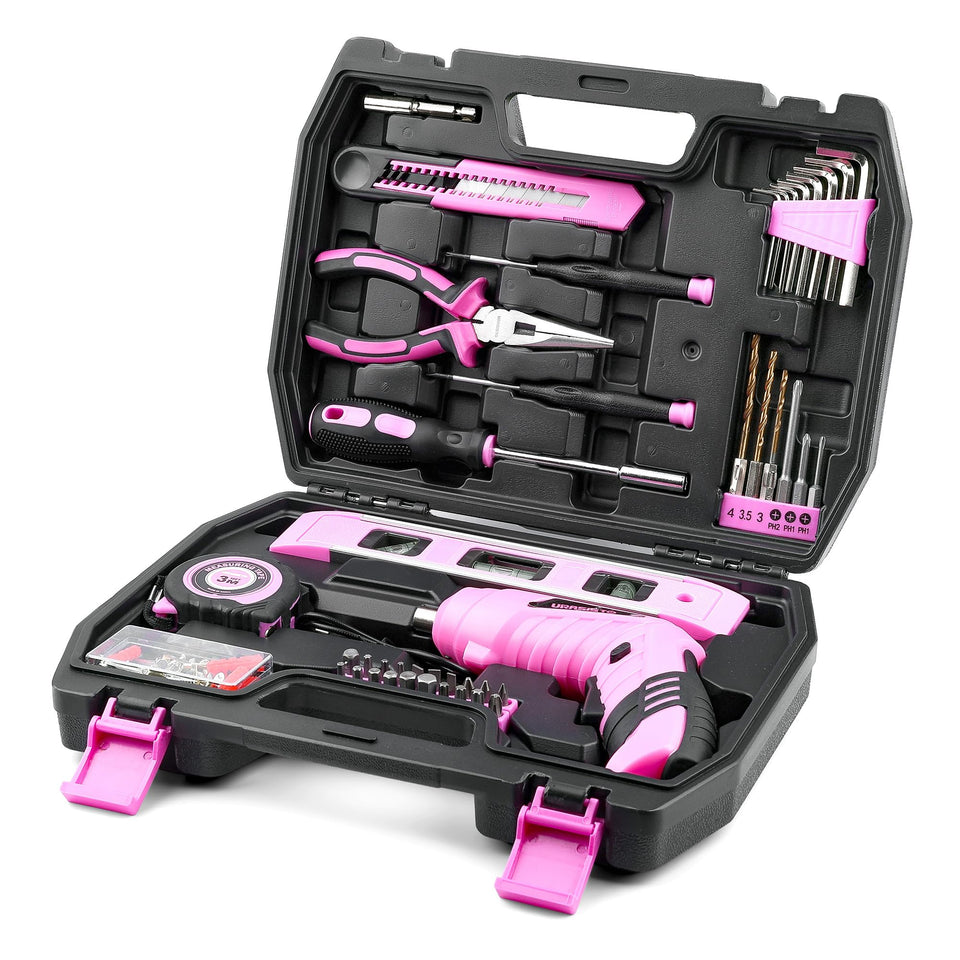 URASISTO 123-piece pink tool set ready for versatile home projects