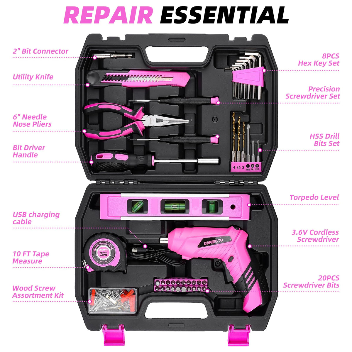 URASISTO pink cordless screwdriver ideal for quick assembly tasks