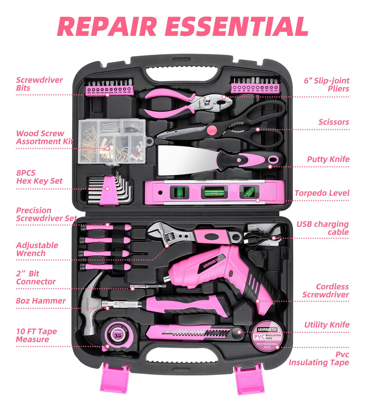 URASISTO pink cordless screwdriver in use, compact one-handed operation