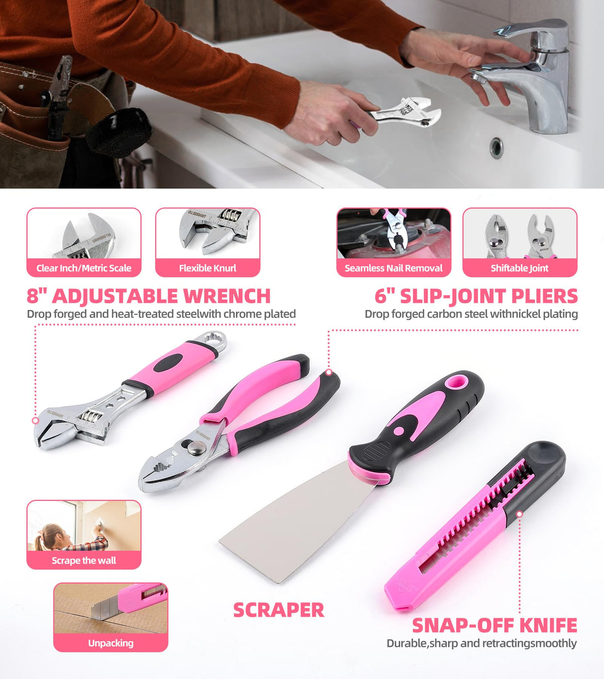URASISTO pink hammer and adjustable wrench ready for tasks