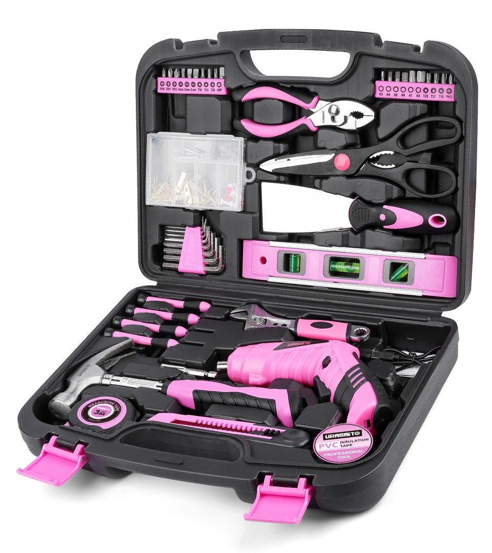URASISTO pink tool set front view for easy home repairs
