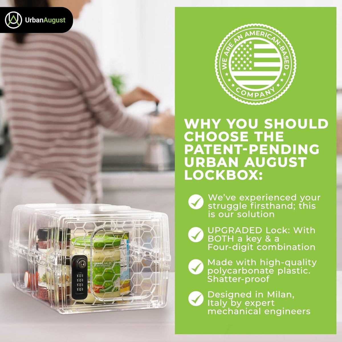 Urban August lock box with clear panel and dual locking mechanism.