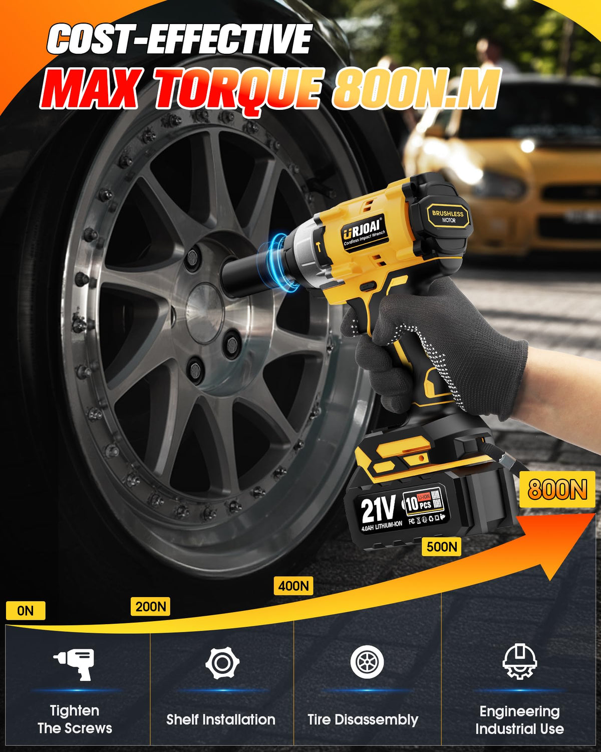 Urjoai cordless impact wrench LED work light enhances precision in dark spaces.