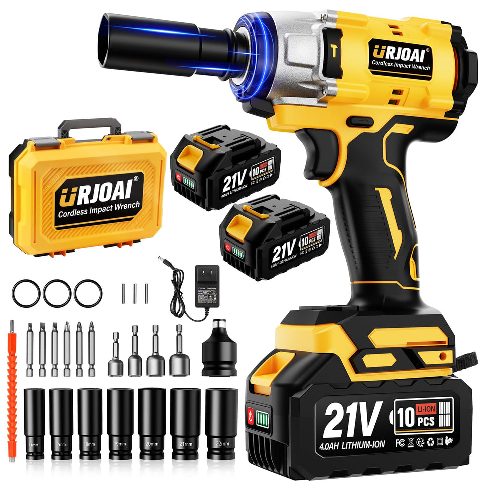 Urjoai cordless impact wrench with 800N.m torque for heavy-duty tire removal.