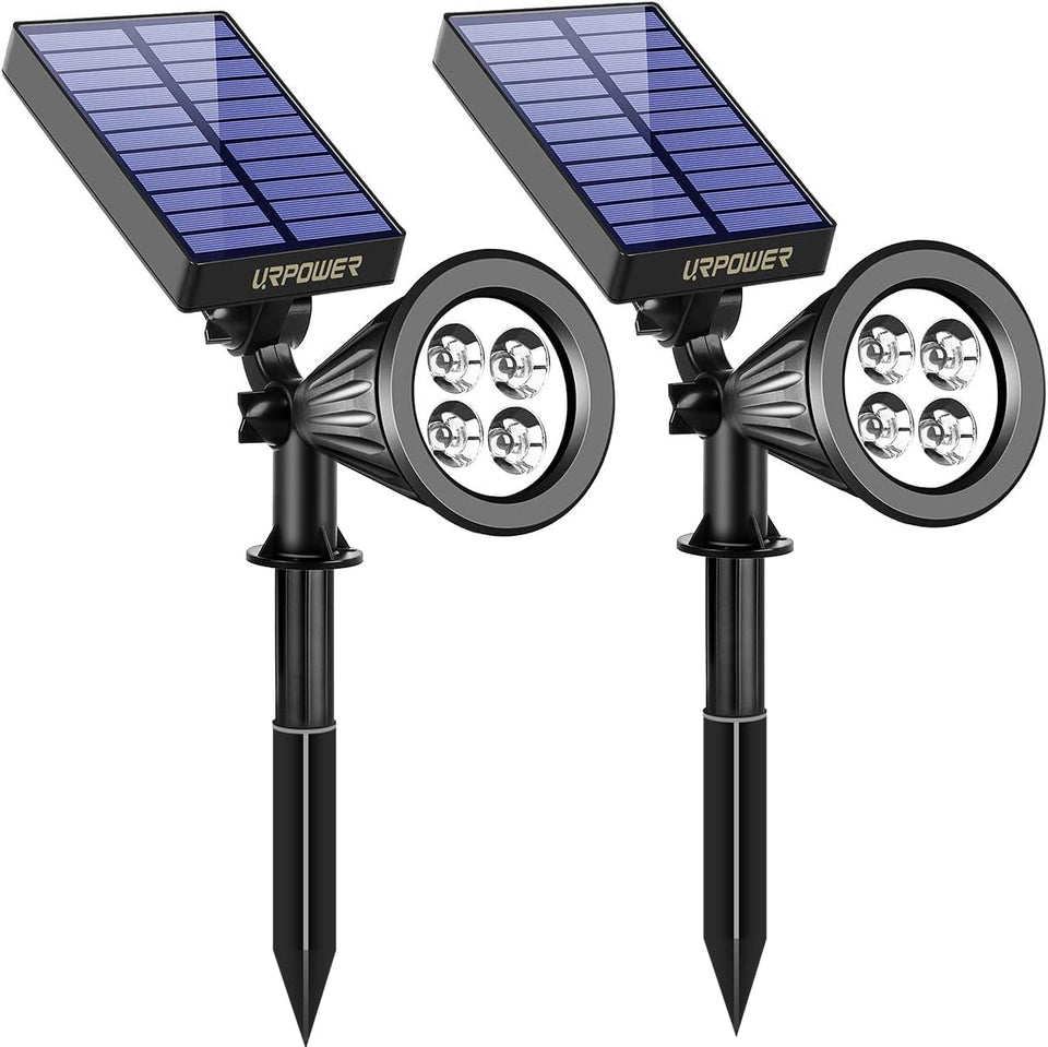 URPOWER solar spotlight tilted 90 degrees to illuminate garden paths.