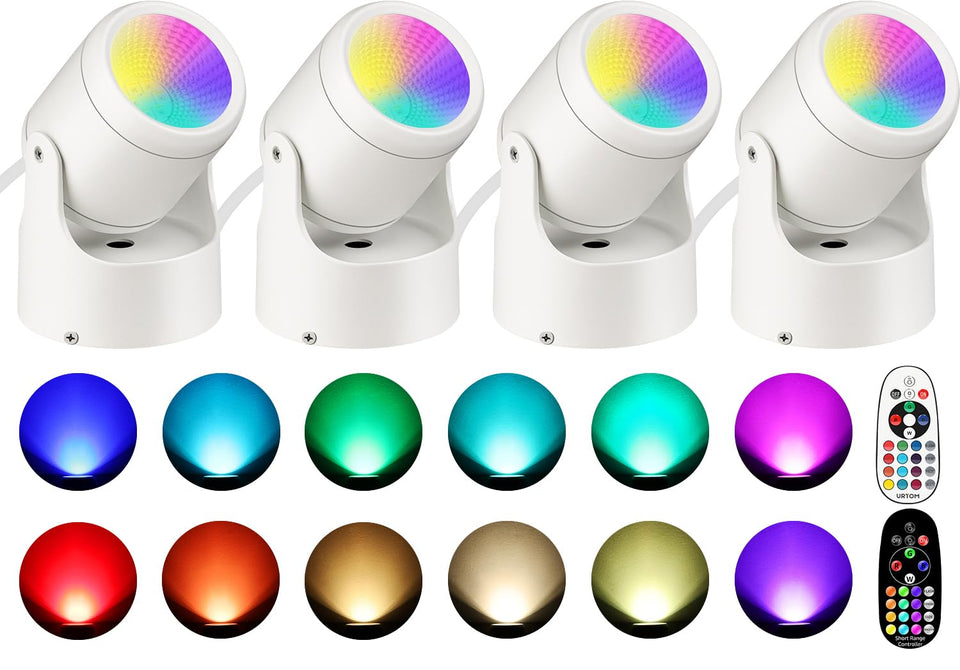 URTOM four-pack 6W RGBW uplights illuminate home decor with adjustable color options.