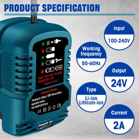 URUN charger provides 2A output for faster 24V battery top-ups.