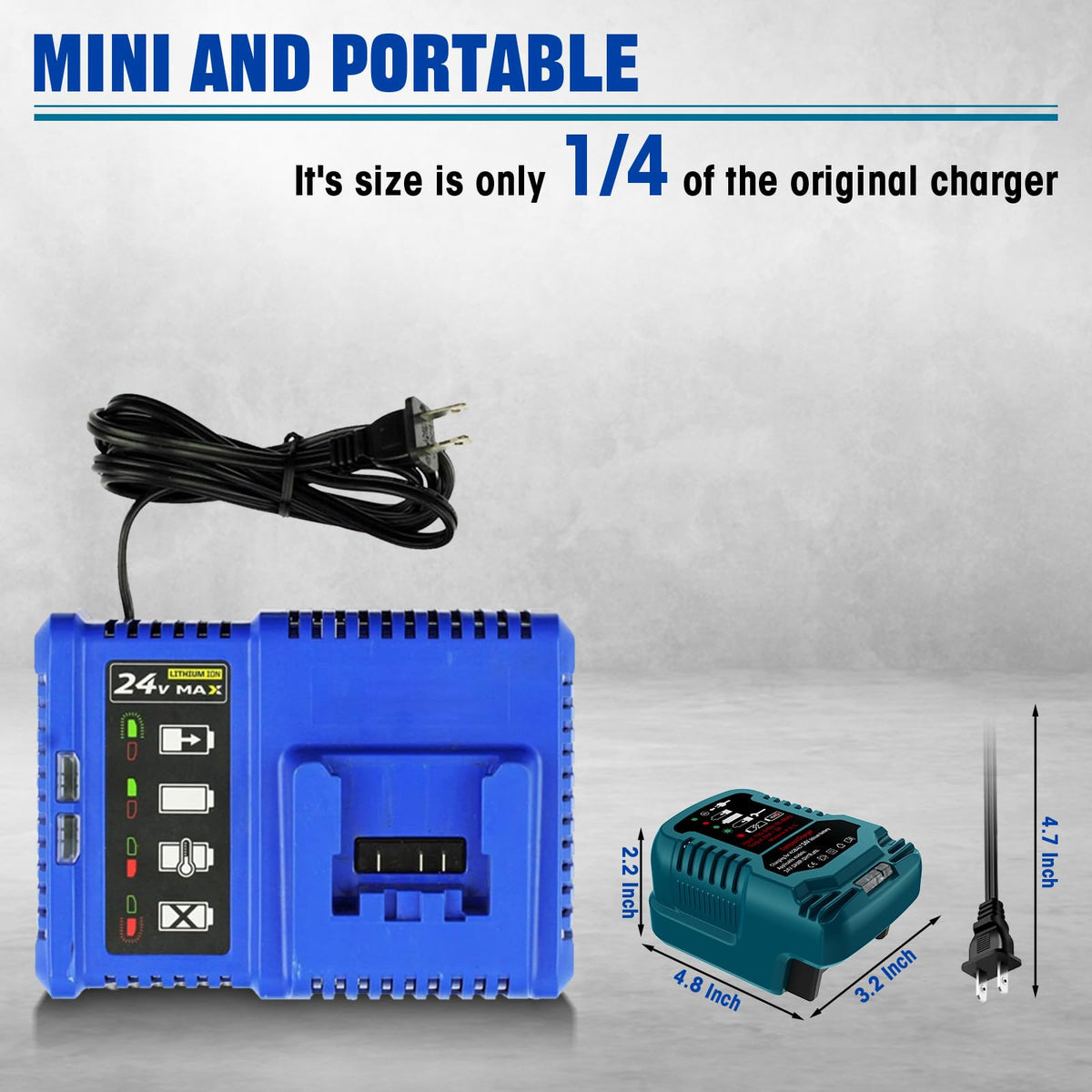 URUN compact 24V charger fits in tight spaces beside your tools.