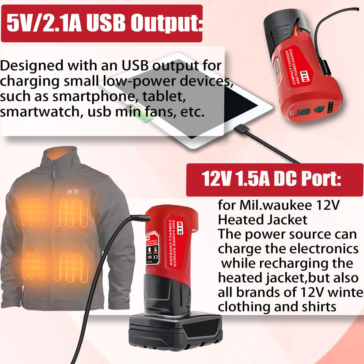 URUN M-12 charger provides 12V DC output to power heated jackets in cold weather