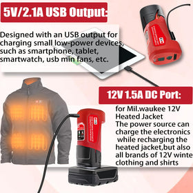 URUN M-12 charger provides 12V DC output to power heated jackets in cold weather