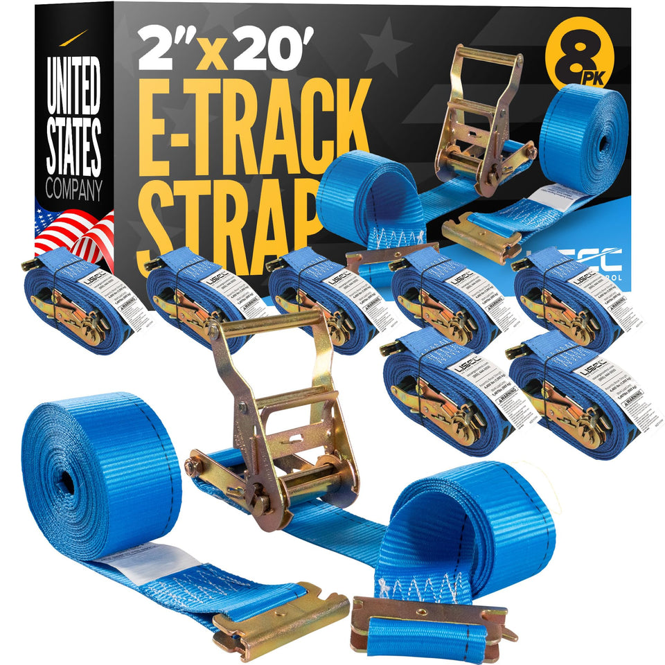 US Cargo Control E‑Track strap blue 2in 20ft securing loads in a trailer