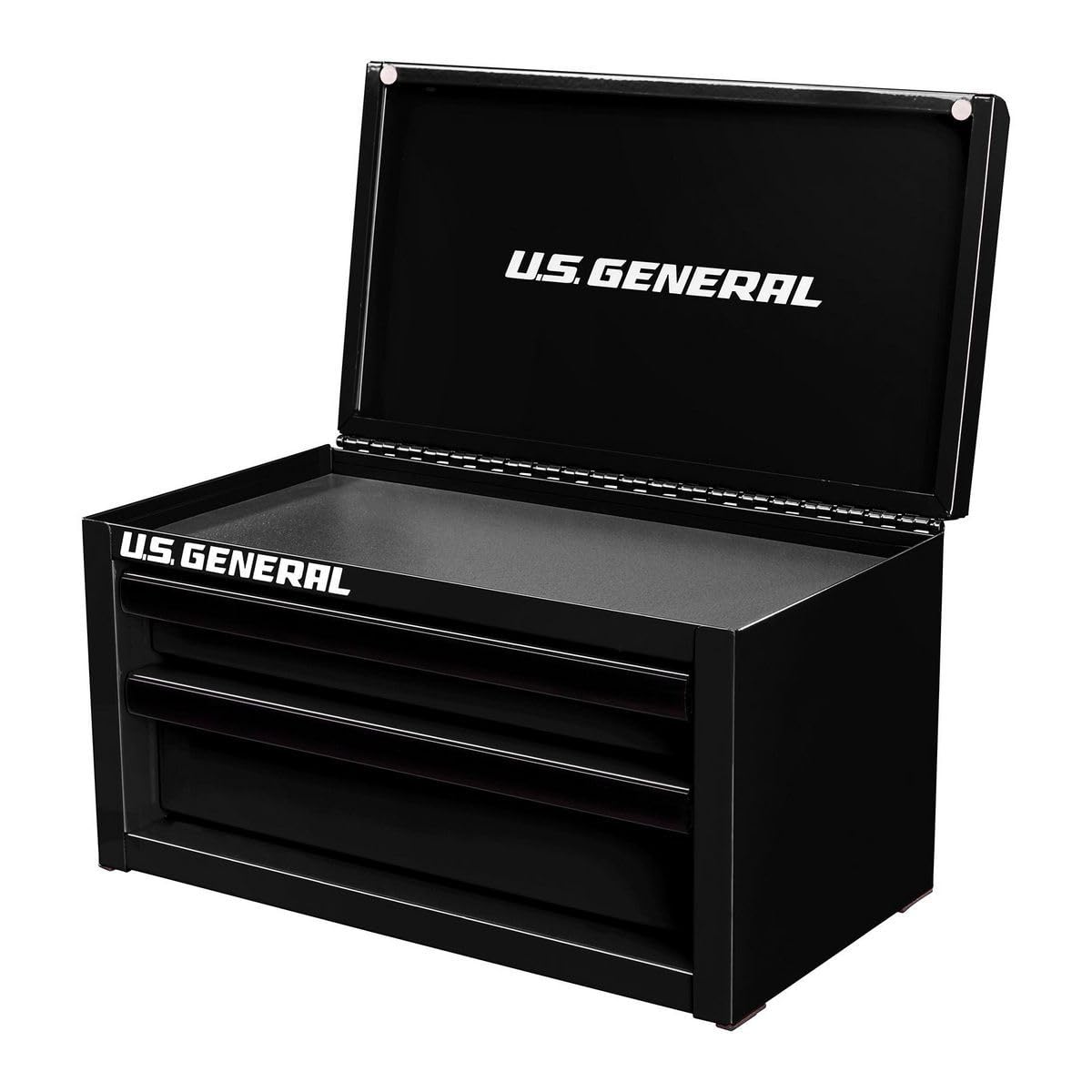 US General mini steel toolbox with top storage and magnetic lock for secure tool organization.