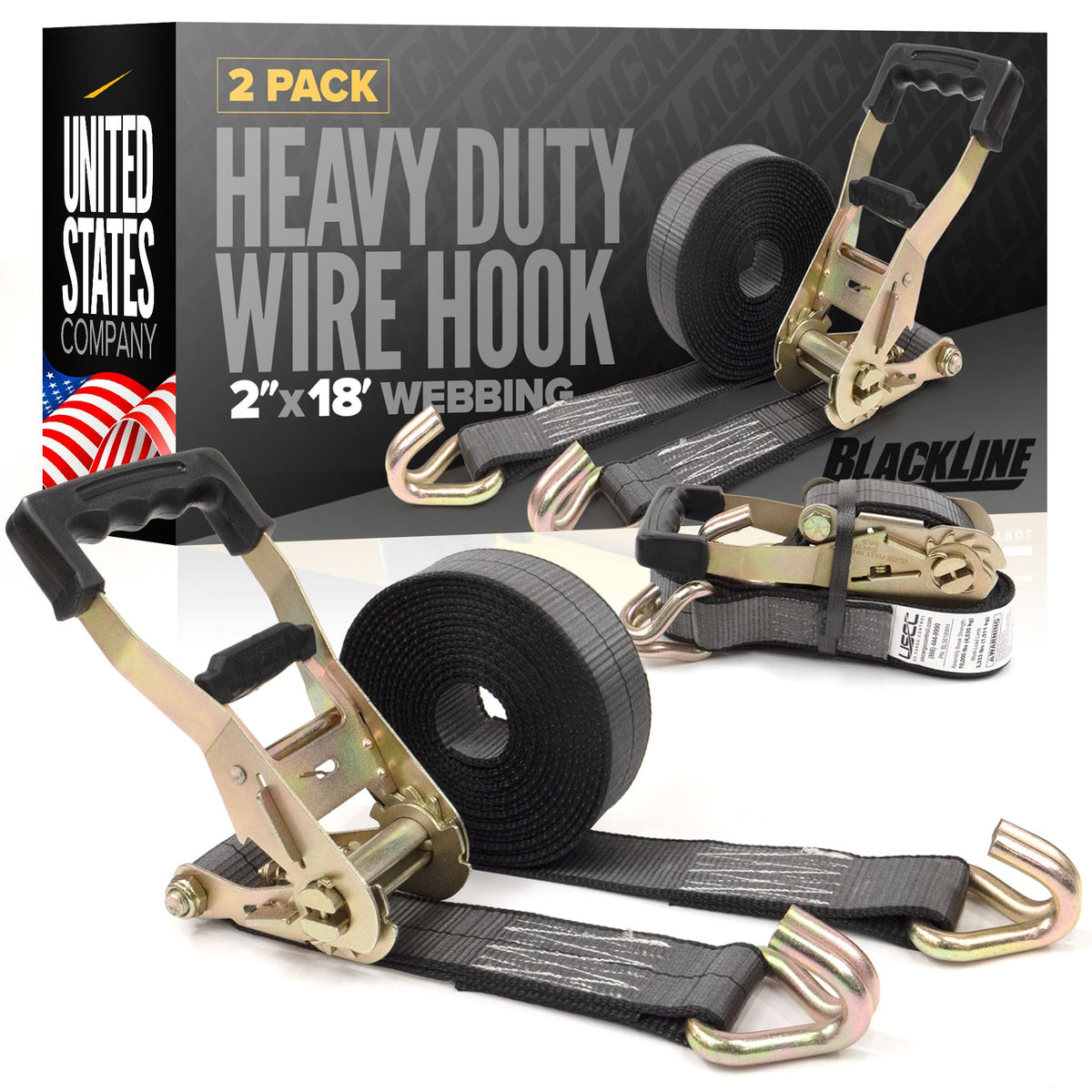 US Cargo Control Blackline ratchet strap with double J hooks securing heavy loads on a flatbed