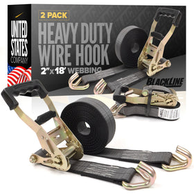 US Cargo Control Blackline ratchet strap with double J hooks securing heavy loads on a flatbed
