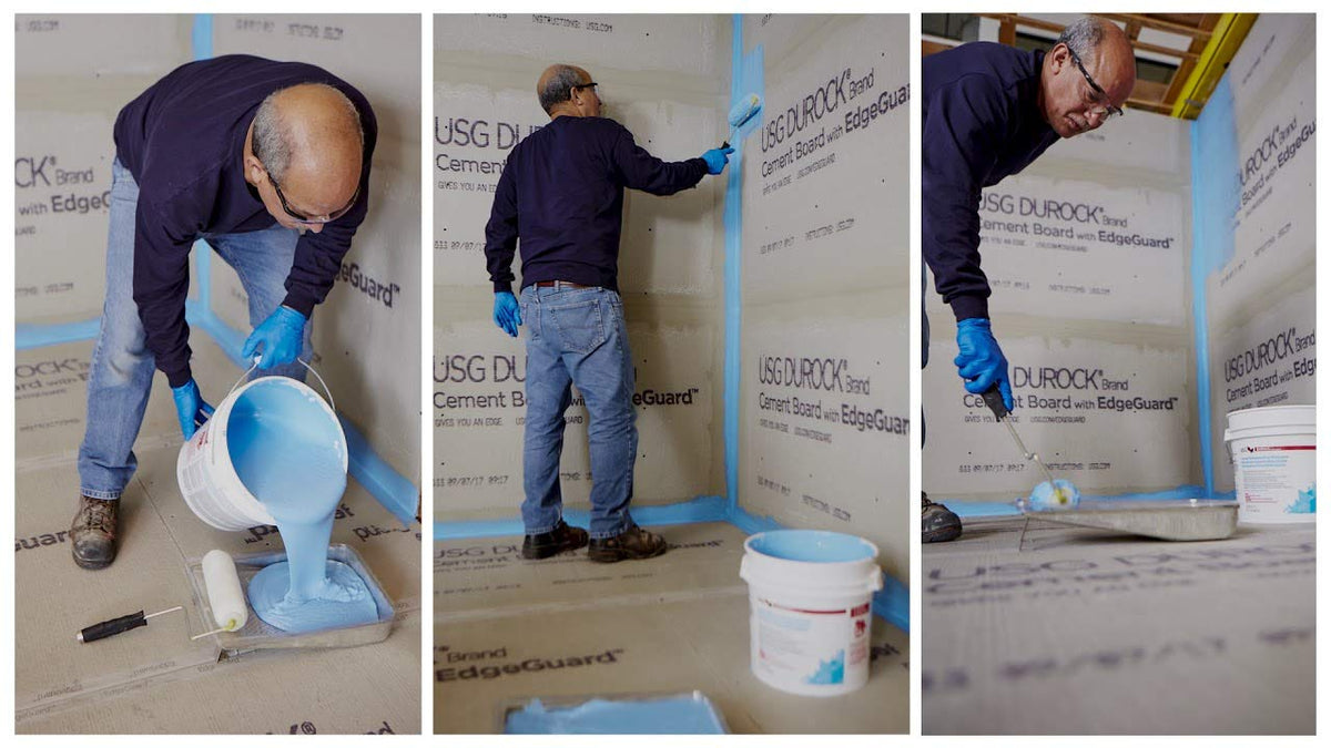 USG Interiors Durock Liquid Waterproofing Membrane shown being rolled or brushed for versatile waterproofing.