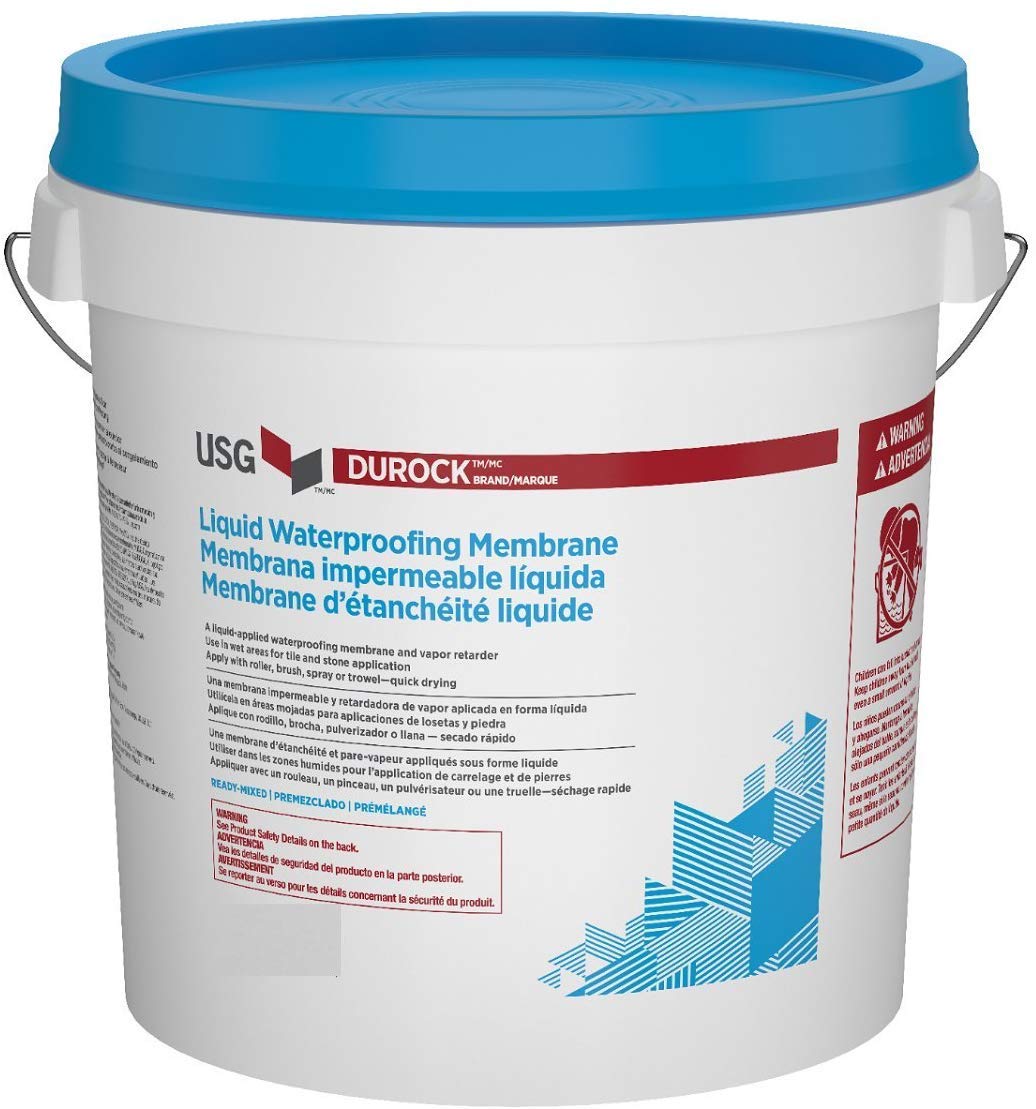 USG Interiors Durock Liquid Waterproofing Membrane bottle ready for shower waterproofing prep.