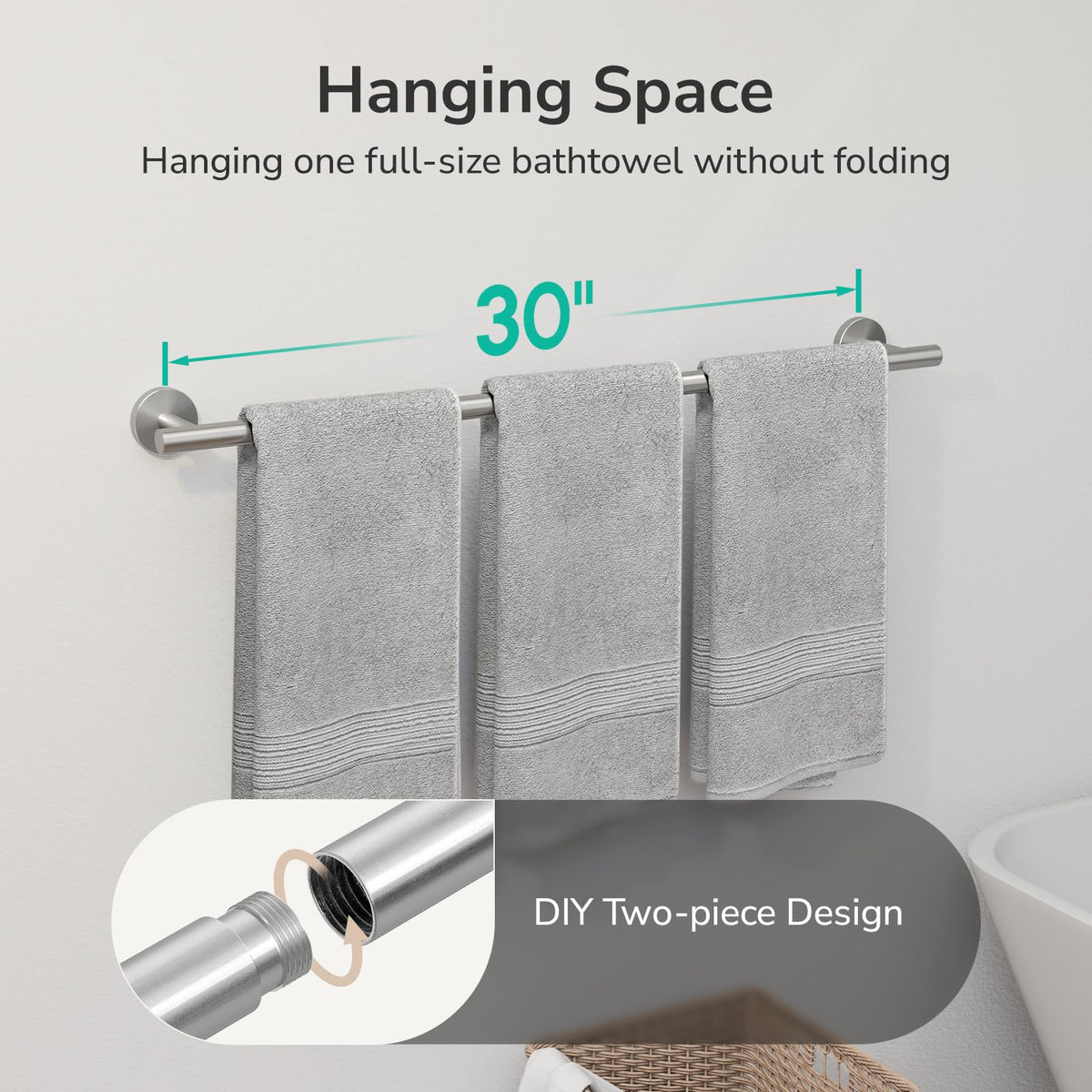 USHOWER 304 stainless steel towel bar shows 0.8-inch tube diameter for durability