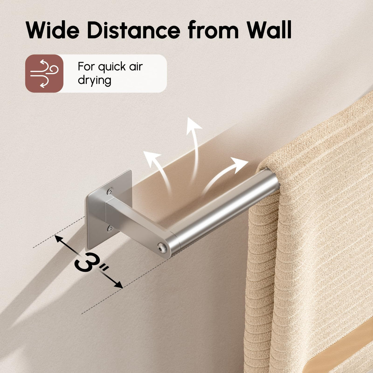 Airflow gap between towel bar and wall for faster drying