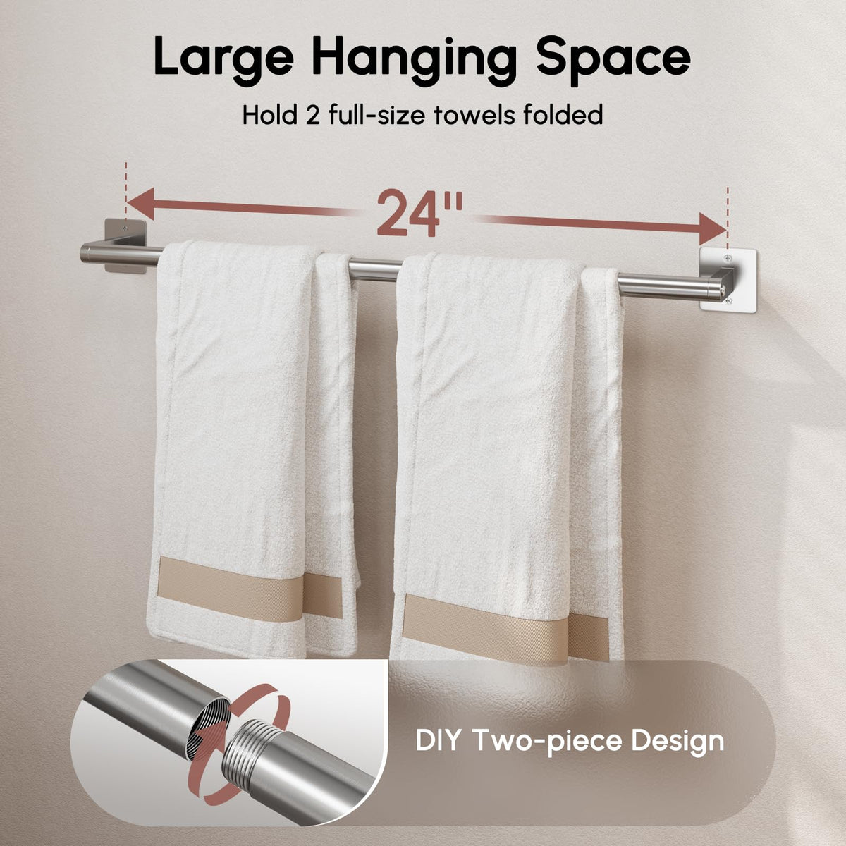 USHOWER towel bar demonstrating two-towel capacity in compact bathroom