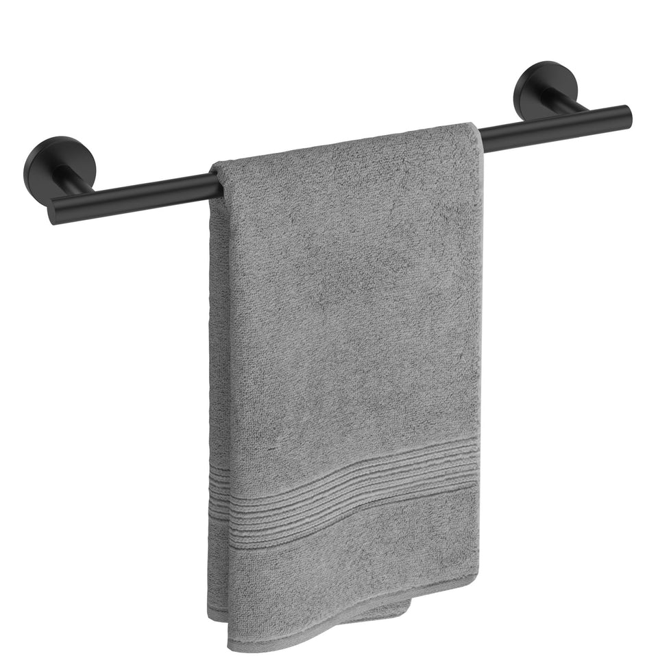 USHOWER matte black towel bar assembly shown for two-part installation