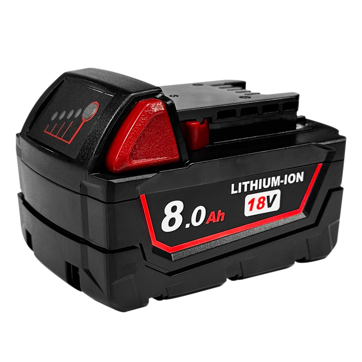 USPECIAL 8Ah battery front view demonstrates Milwaukee 18V compatibility and extended runtime.