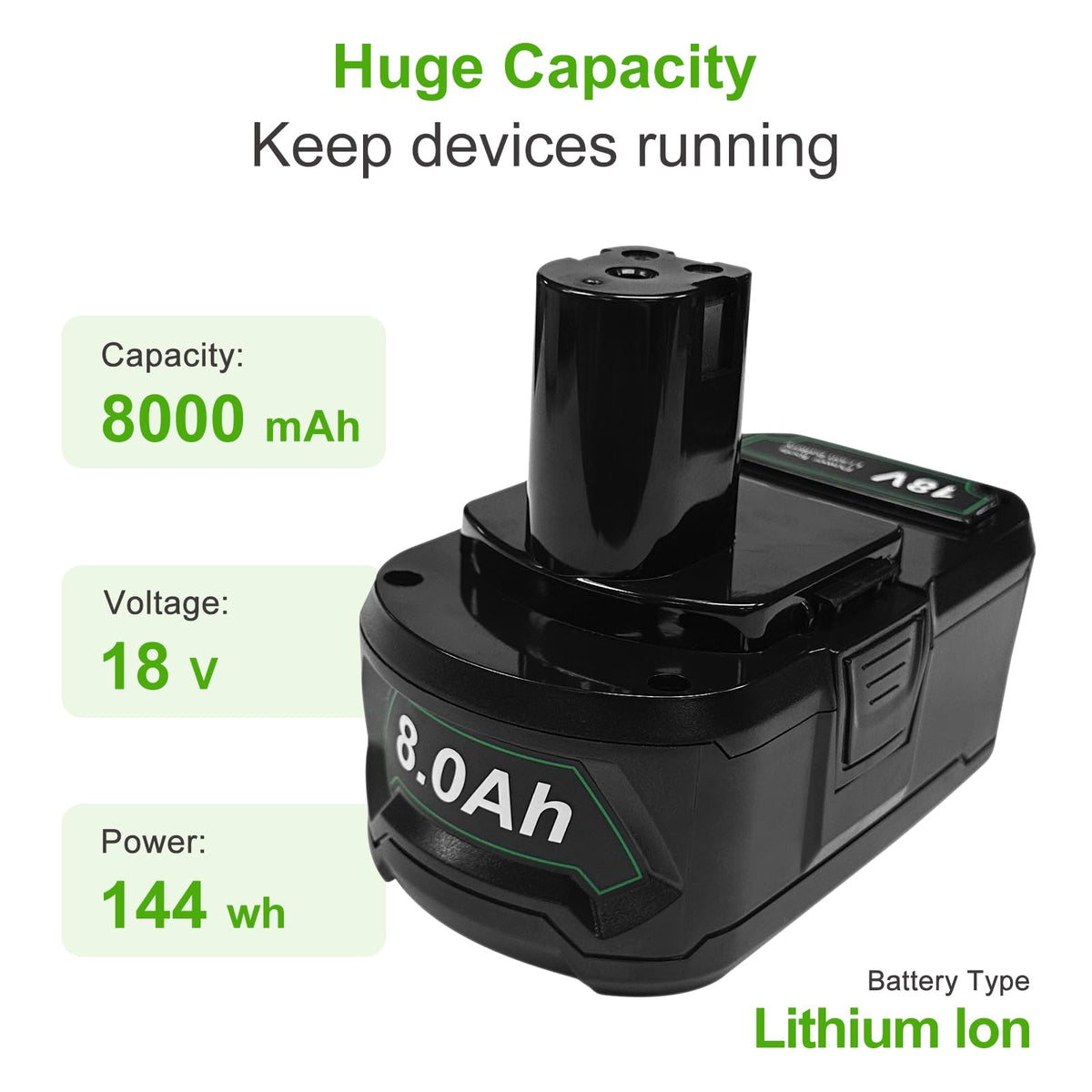 USPECIAL 8Ah Ryobi battery side view highlighting compact form factor