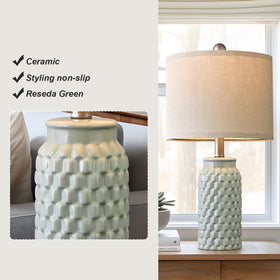 USumkky linen shade on green bedside lamp softens brightness