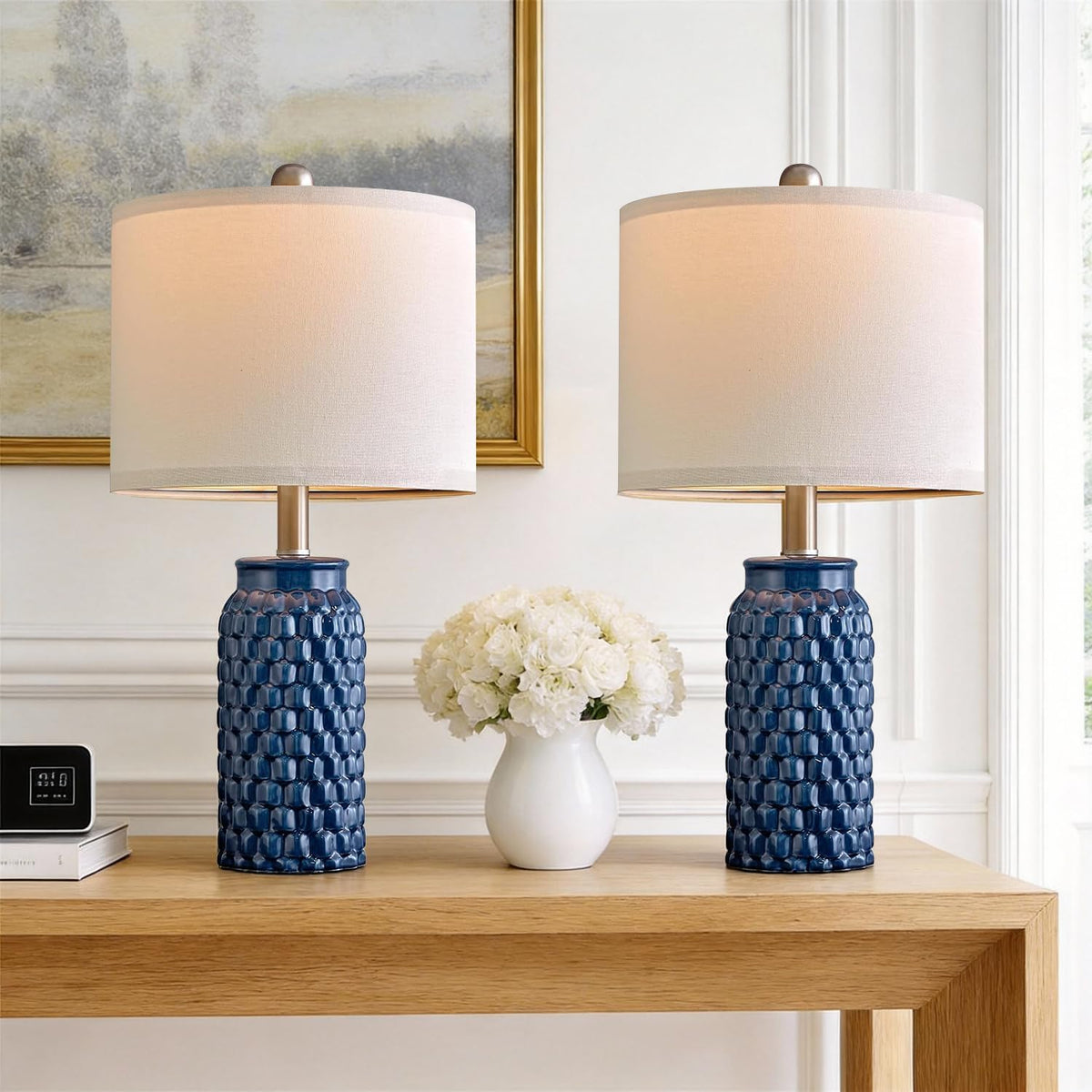 USumkky modern ceramic dark blue lamp base enhances contemporary decor.