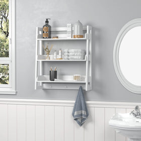 UTEX over-toilet shelf with hooks adds easy organization.