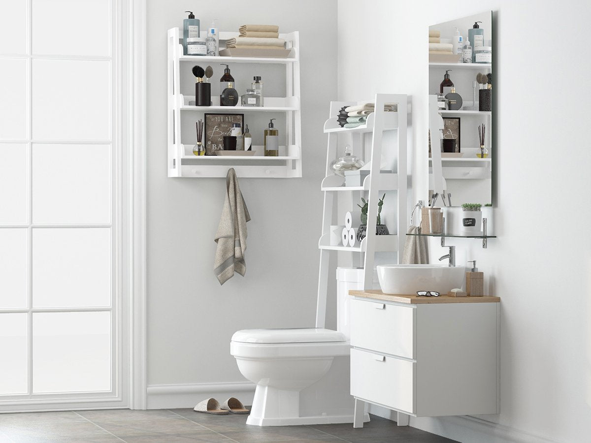 UTEX white shelf complements modern bathrooms while improving accessibility.