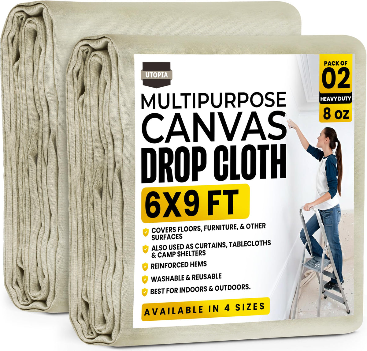 Utopia Drop Cloth protects painting area with 6x9 ft canvas for mess-free projects
