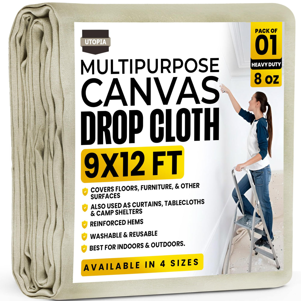 Utopia Home drop cloth painting coverage 9x12 ft protects floors from spills.